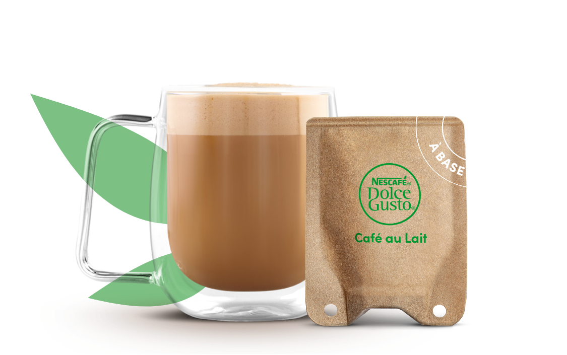 Café NEO Café au lait par NESCAFÉ® Dolce Gusto®: tasse de café à côté d'un saachet de lait en papier recyclable 